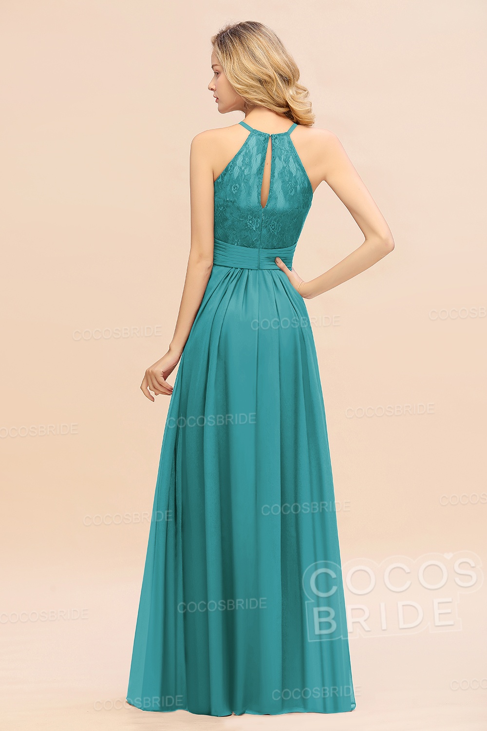 Elegant Long A-line Chiffon Halter Ruffles Sleeveless Lace Bridesmaid Dress