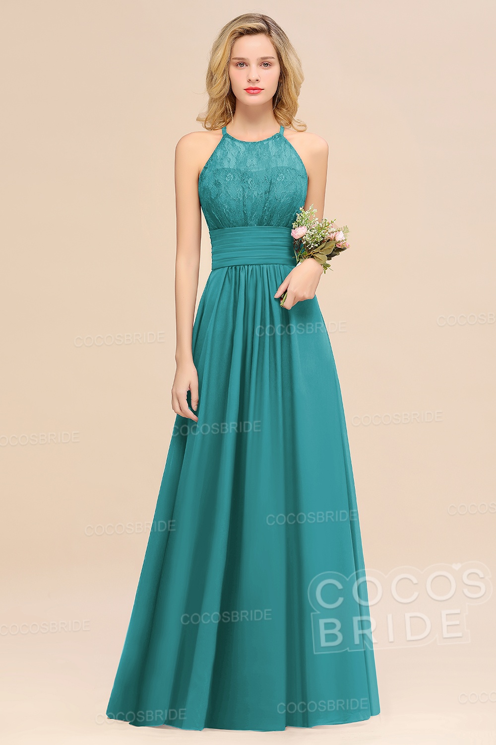 Elegant Long A-line Chiffon Halter Ruffles Sleeveless Lace Bridesmaid Dress