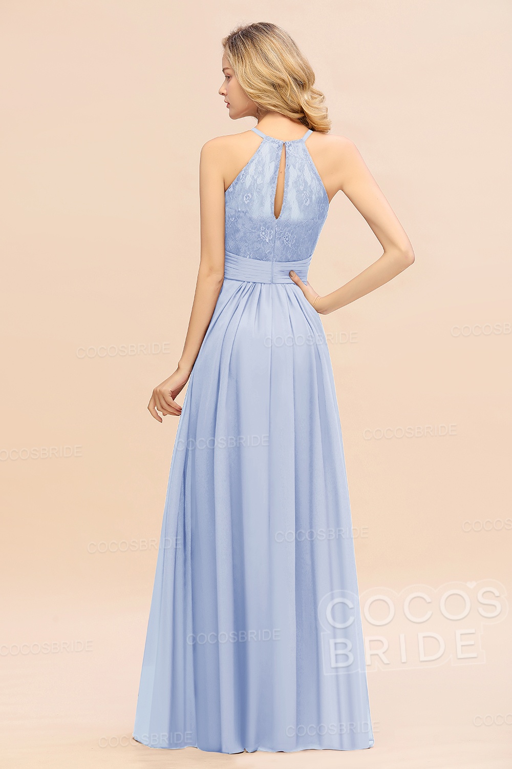 Elegant Long A-line Chiffon Halter Ruffles Sleeveless Lace Bridesmaid Dress