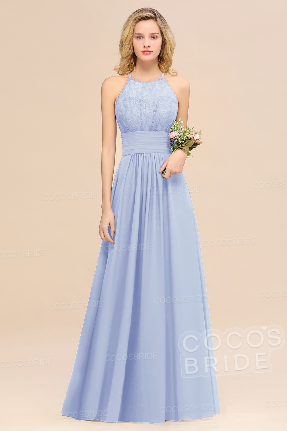 Elegant Long A-line Chiffon Halter Ruffles Sleeveless Lace Bridesmaid Dress