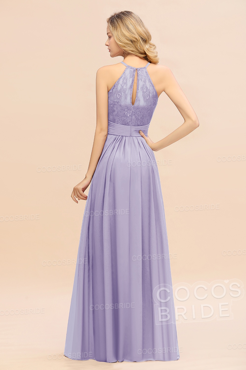 Elegant Long A-line Chiffon Halter Ruffles Sleeveless Lace Bridesmaid Dress