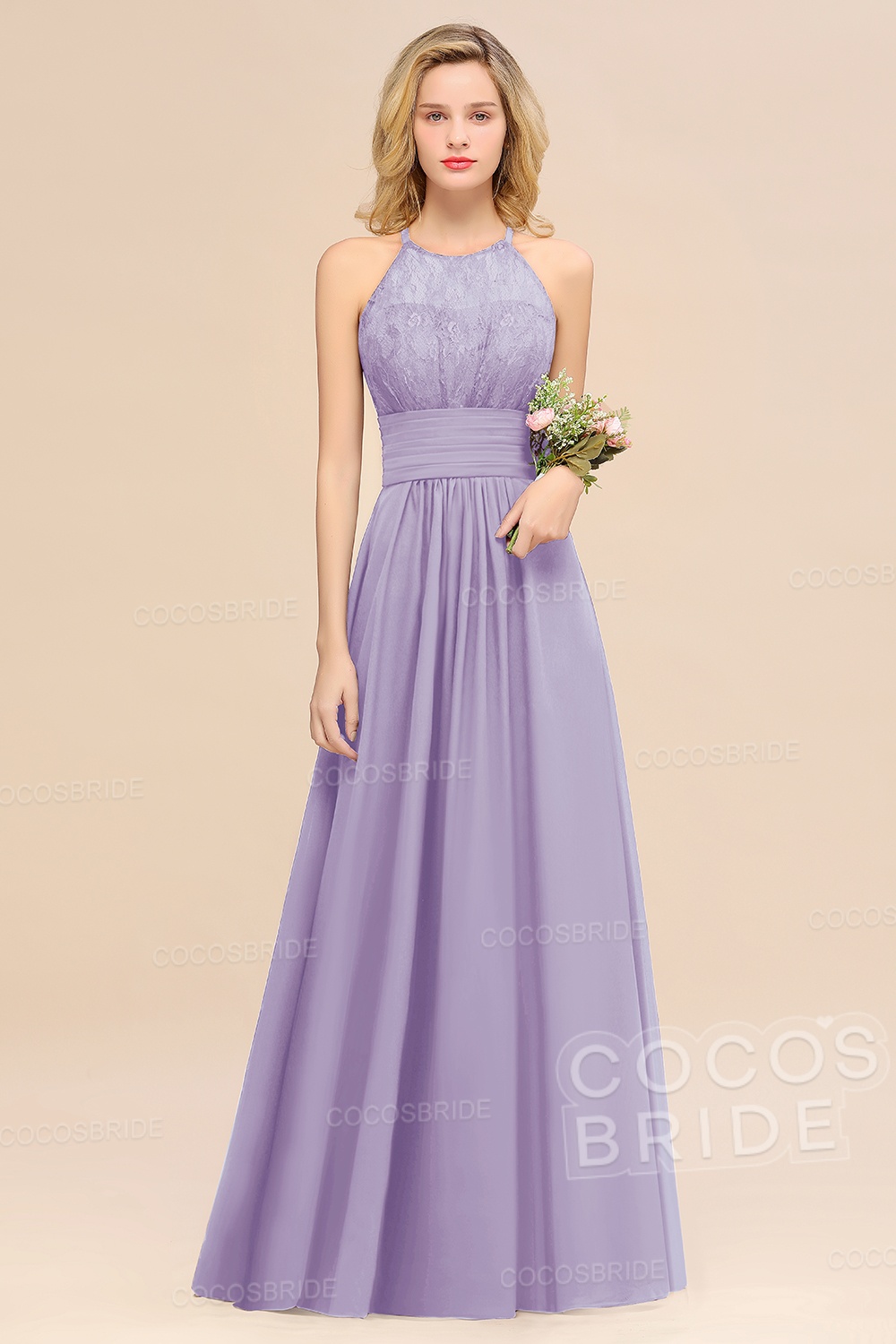 Elegant Long A-line Chiffon Halter Ruffles Sleeveless Lace Bridesmaid Dress