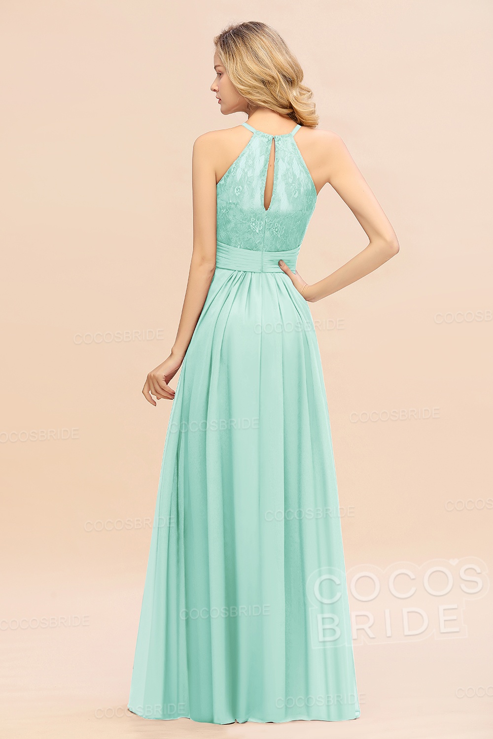 Elegant Long A-line Chiffon Halter Ruffles Sleeveless Lace Bridesmaid Dress