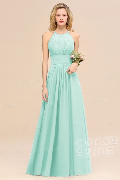 Elegant Long A-line Chiffon Halter Ruffles Sleeveless Lace Bridesmaid Dress