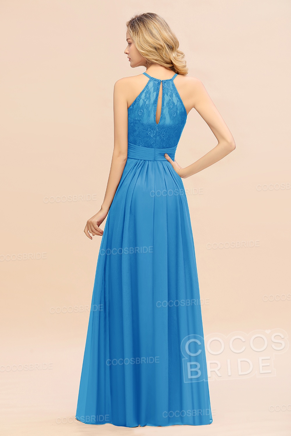 Elegant Long A-line Chiffon Halter Ruffles Sleeveless Lace Bridesmaid Dress