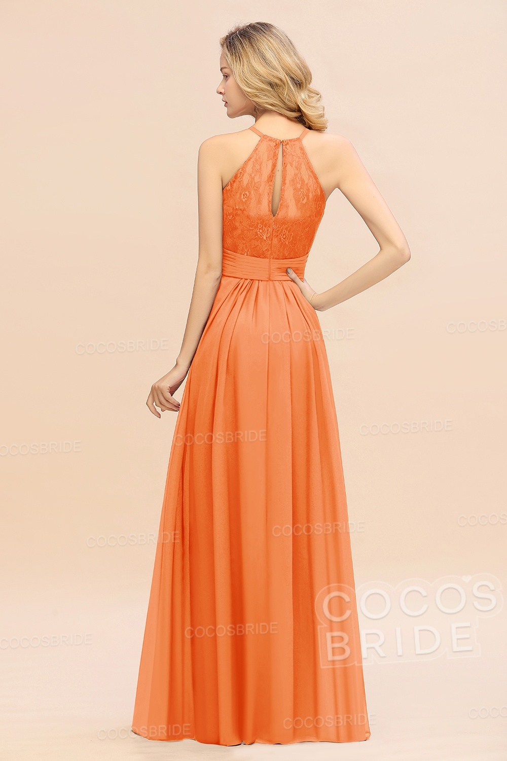 Elegant Long A-line Chiffon Halter Ruffles Sleeveless Lace Bridesmaid Dress