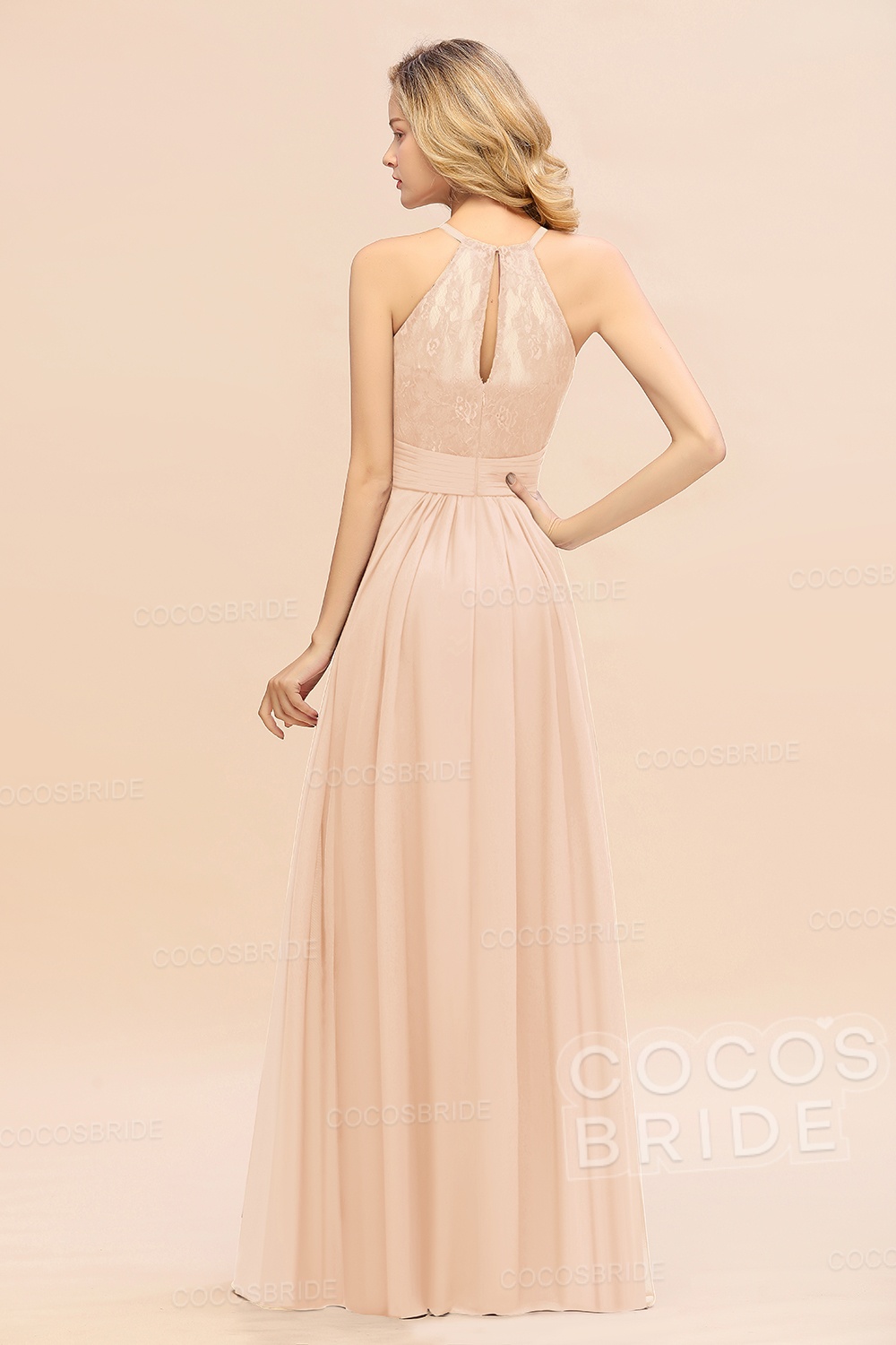 Elegant Long A-line Chiffon Halter Ruffles Sleeveless Lace Bridesmaid Dress
