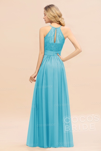 Elegant Long A-line Chiffon Halter Ruffles Sleeveless Lace Bridesmaid Dress