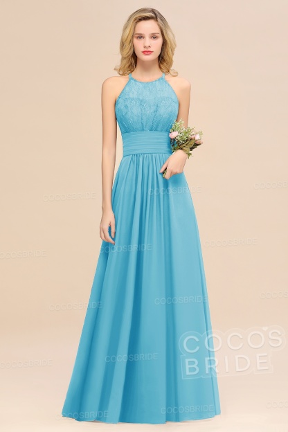 Elegant Long A-line Chiffon Halter Ruffles Sleeveless Lace Bridesmaid Dress
