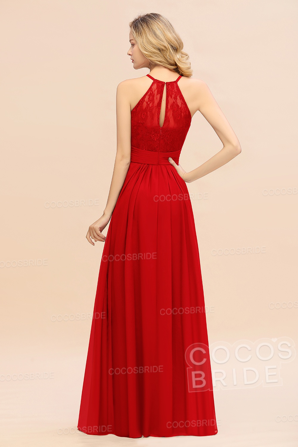 Elegant Long A-line Chiffon Halter Ruffles Sleeveless Lace Bridesmaid Dress