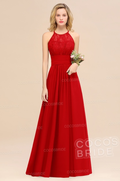 Elegant Long A-line Chiffon Halter Ruffles Sleeveless Lace Bridesmaid Dress