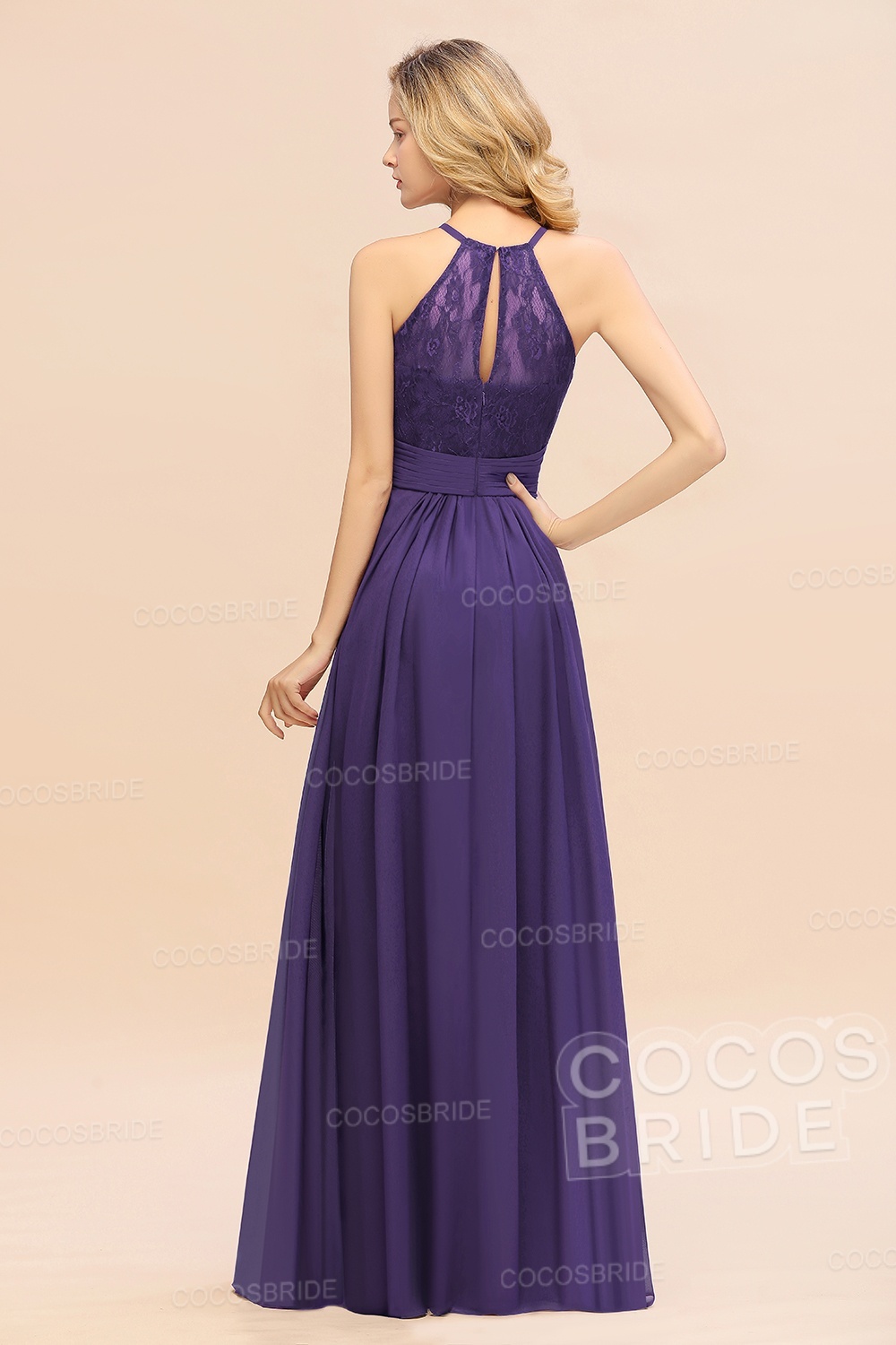Elegant Long A-line Chiffon Halter Ruffles Sleeveless Lace Bridesmaid Dress