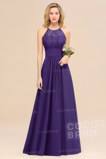 Elegant Long A-line Chiffon Halter Ruffles Sleeveless Lace Bridesmaid Dress
