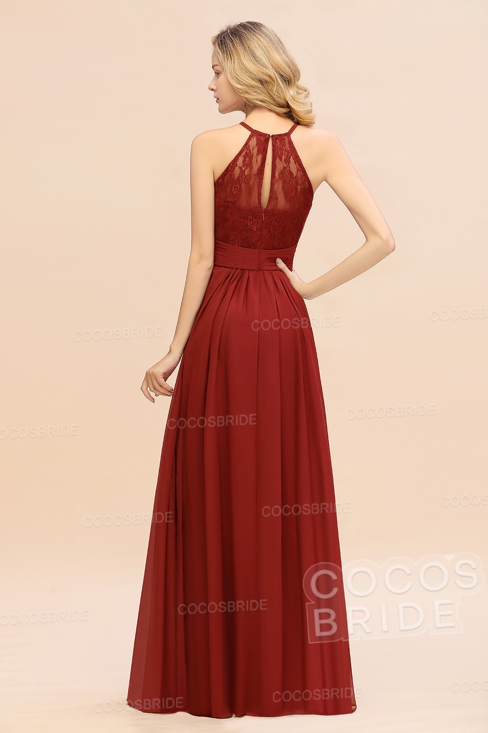 Elegant Long A-line Chiffon Halter Ruffles Sleeveless Lace Bridesmaid Dress