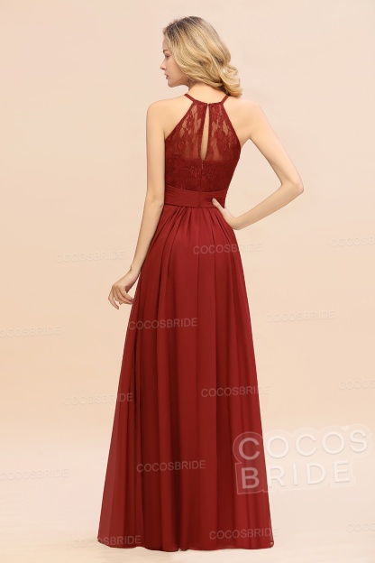 Elegant Long A-line Chiffon Halter Ruffles Sleeveless Lace Bridesmaid Dress