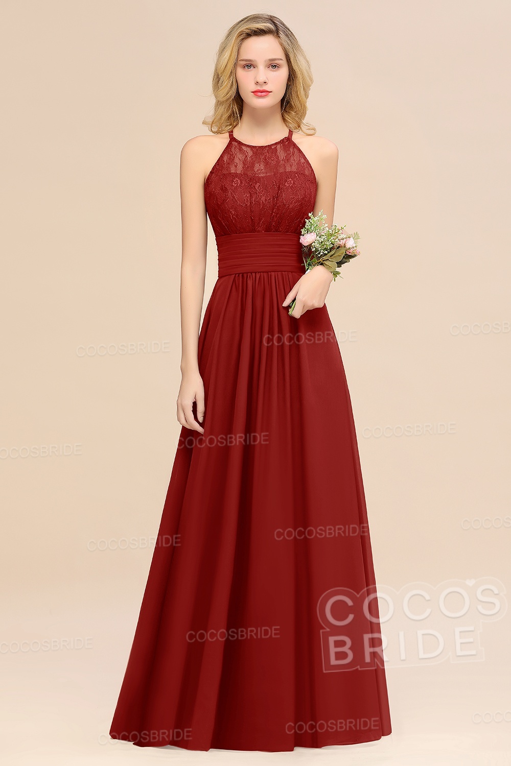 Elegant Long A-line Chiffon Halter Ruffles Sleeveless Lace Bridesmaid Dress
