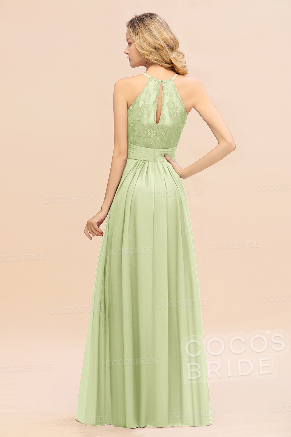 Elegant Long A-line Chiffon Halter Ruffles Sleeveless Lace Bridesmaid Dress