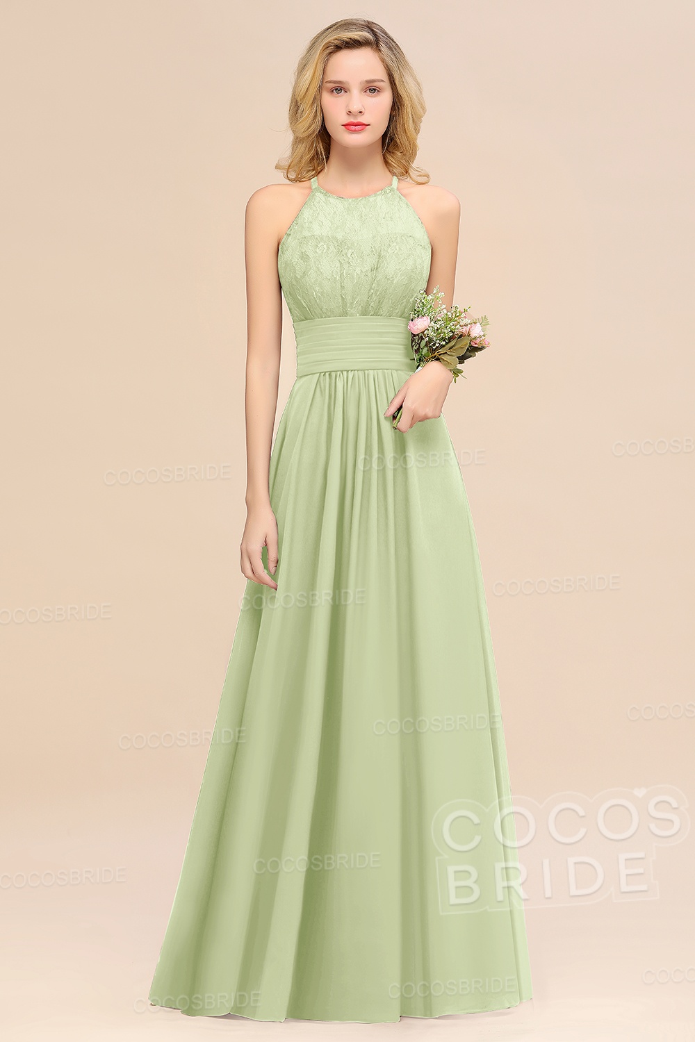 Elegant Long A-line Chiffon Halter Ruffles Sleeveless Lace Bridesmaid Dress