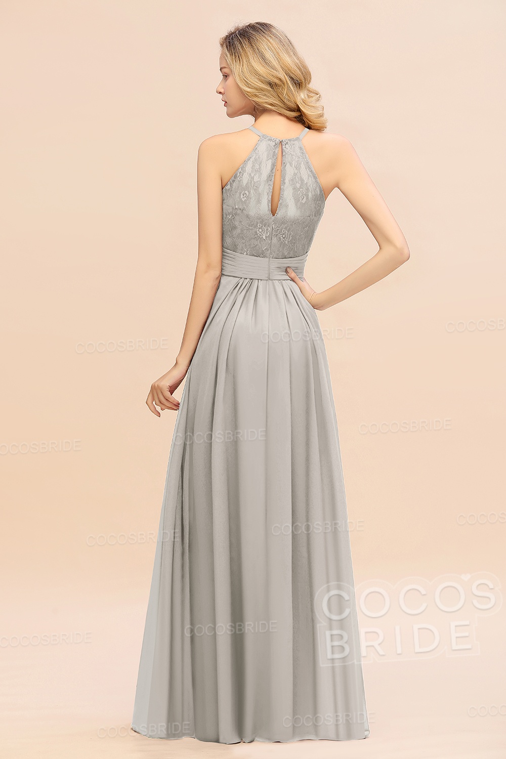 Elegant Long A-line Chiffon Halter Ruffles Sleeveless Lace Bridesmaid Dress
