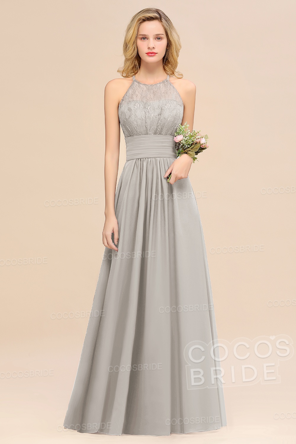 Elegant Long A-line Chiffon Halter Ruffles Sleeveless Lace Bridesmaid Dress