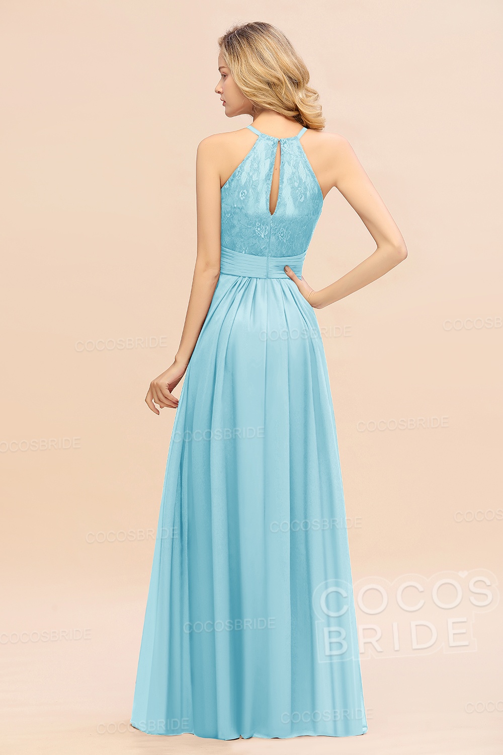Elegant Long A-line Chiffon Halter Ruffles Sleeveless Lace Bridesmaid Dress