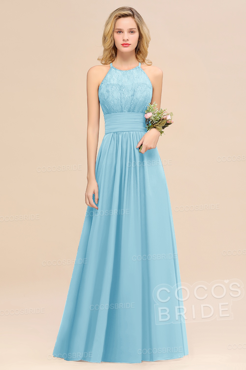 Elegant Long A-line Chiffon Halter Ruffles Sleeveless Lace Bridesmaid Dress