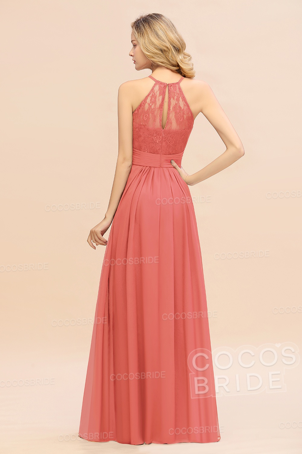 Elegant Long A-line Chiffon Halter Ruffles Sleeveless Lace Bridesmaid Dress