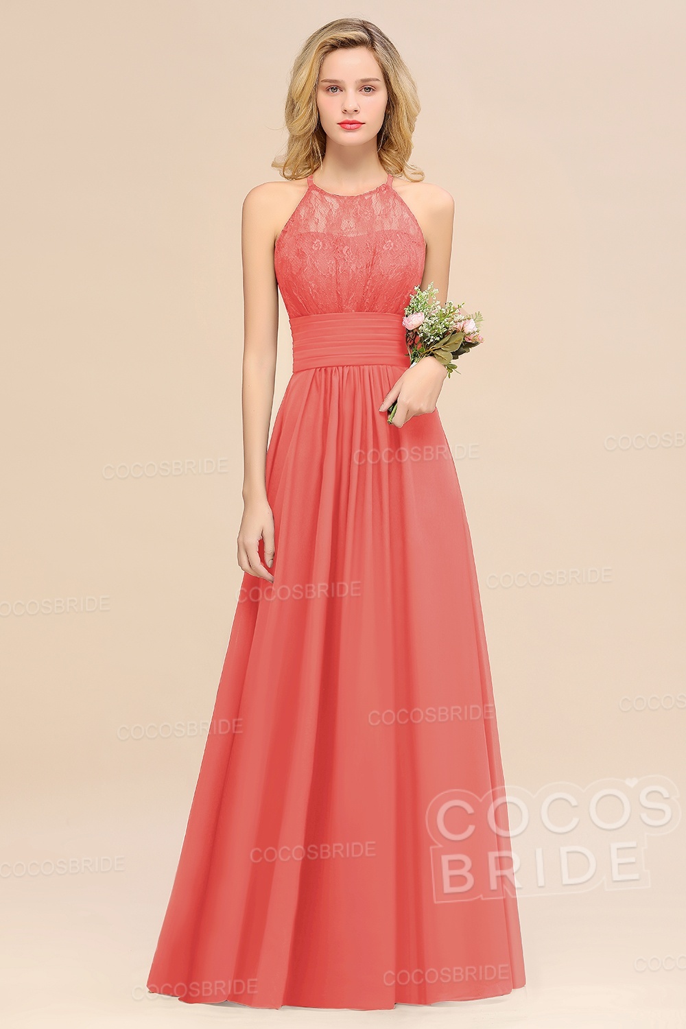 Elegant Long A-line Chiffon Halter Ruffles Sleeveless Lace Bridesmaid Dress