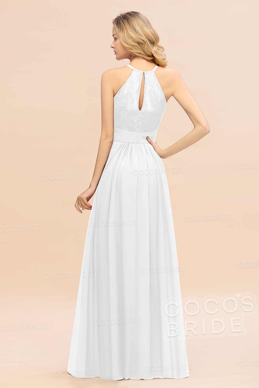 Elegant Long A-line Chiffon Halter Ruffles Sleeveless Lace Bridesmaid Dress