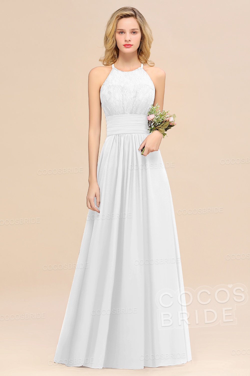 Elegant Long A-line Chiffon Halter Ruffles Sleeveless Lace Bridesmaid Dress