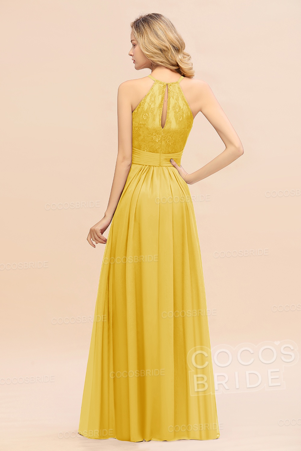 Elegant Long A-line Chiffon Halter Ruffles Sleeveless Lace Bridesmaid Dress
