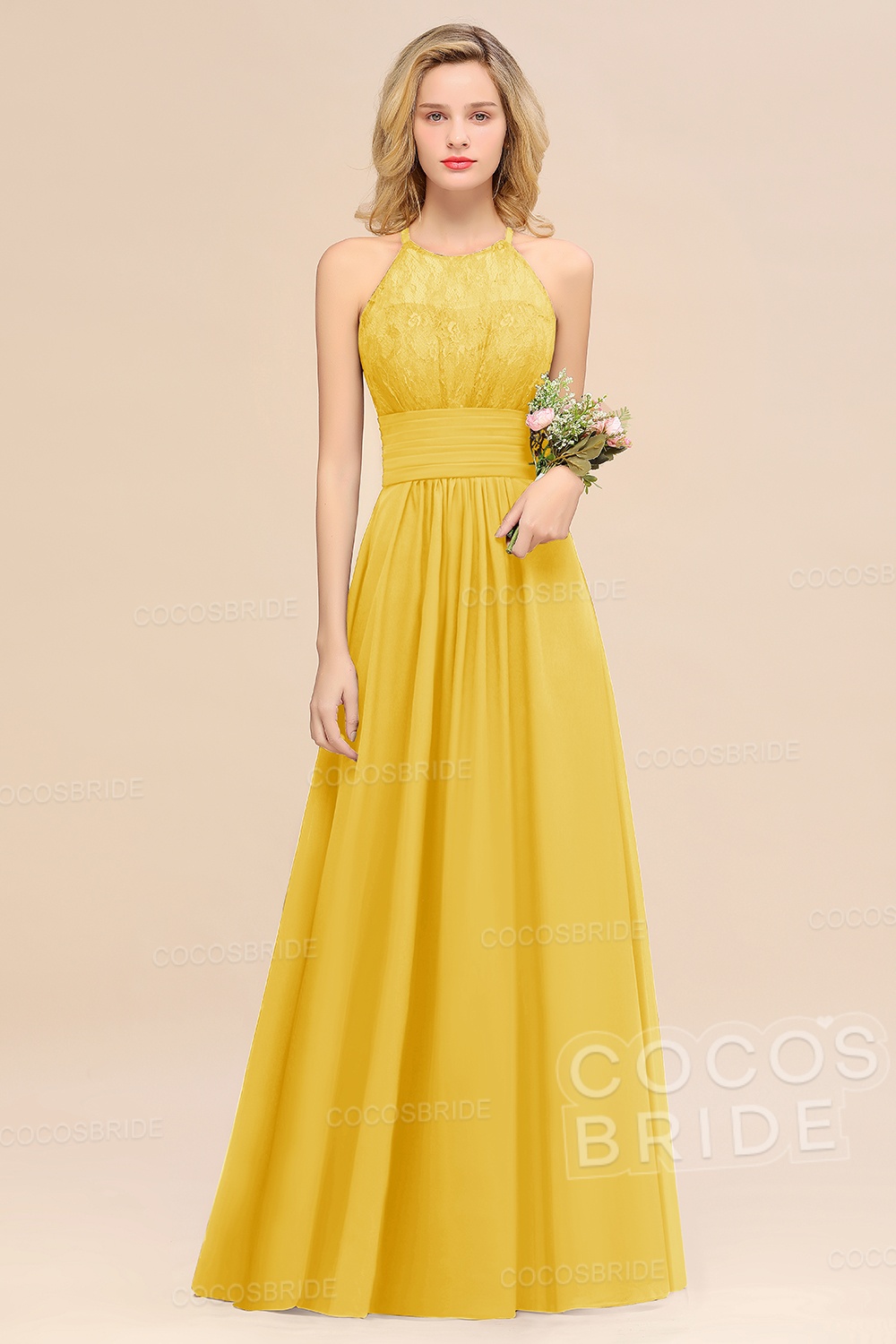 Elegant Long A-line Chiffon Halter Ruffles Sleeveless Lace Bridesmaid Dress