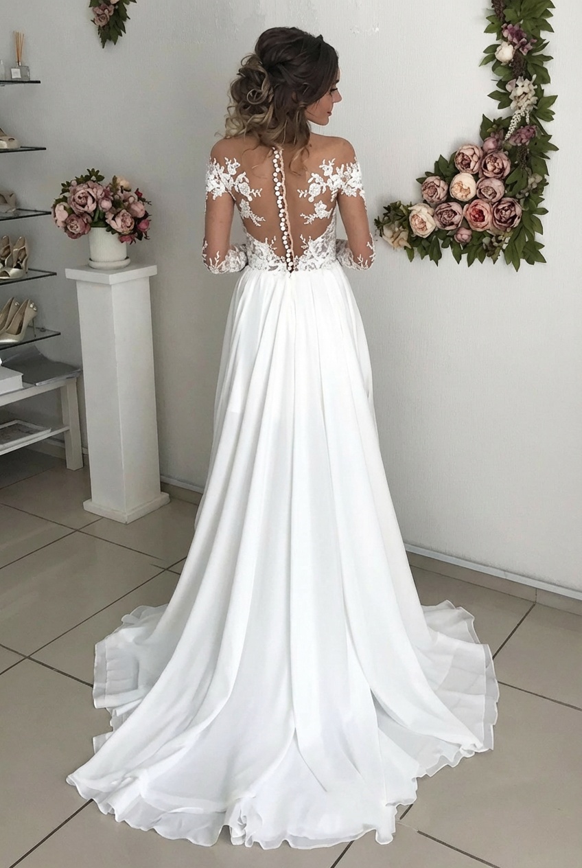 Elegant Long A-line Chiffon Lace Long Sleeves Wedding Dress with Slit