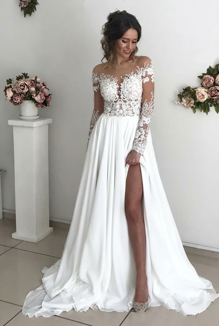 Elegant Long A-line Chiffon Lace Long Sleeves Wedding Dress with Slit