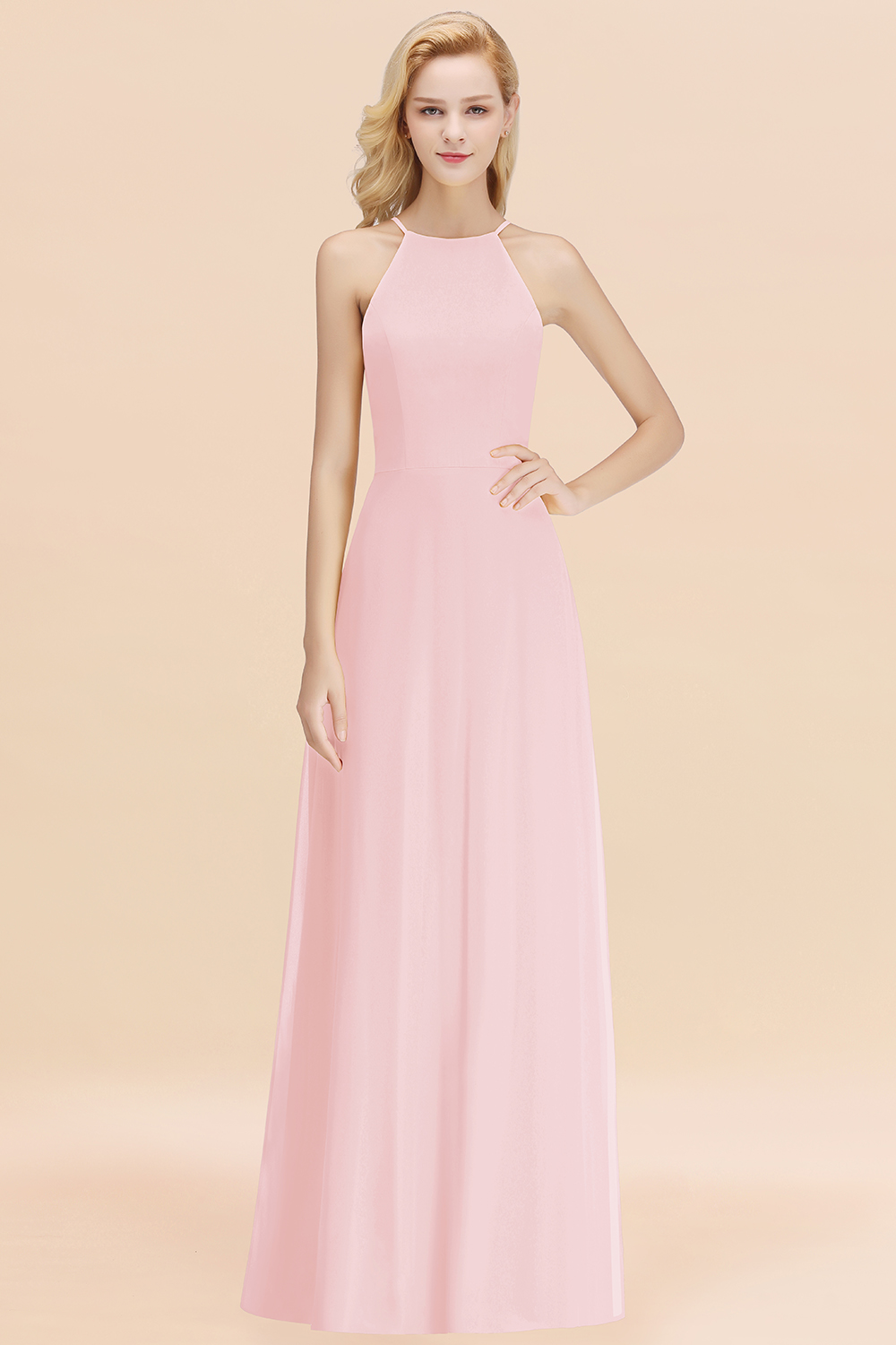 Elegant Long A-line Halter Chiffon Blushing Pink Bridesmaid Dress