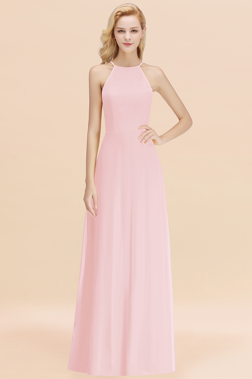 Elegant Long A-line Halter Chiffon Blushing Pink Bridesmaid Dress