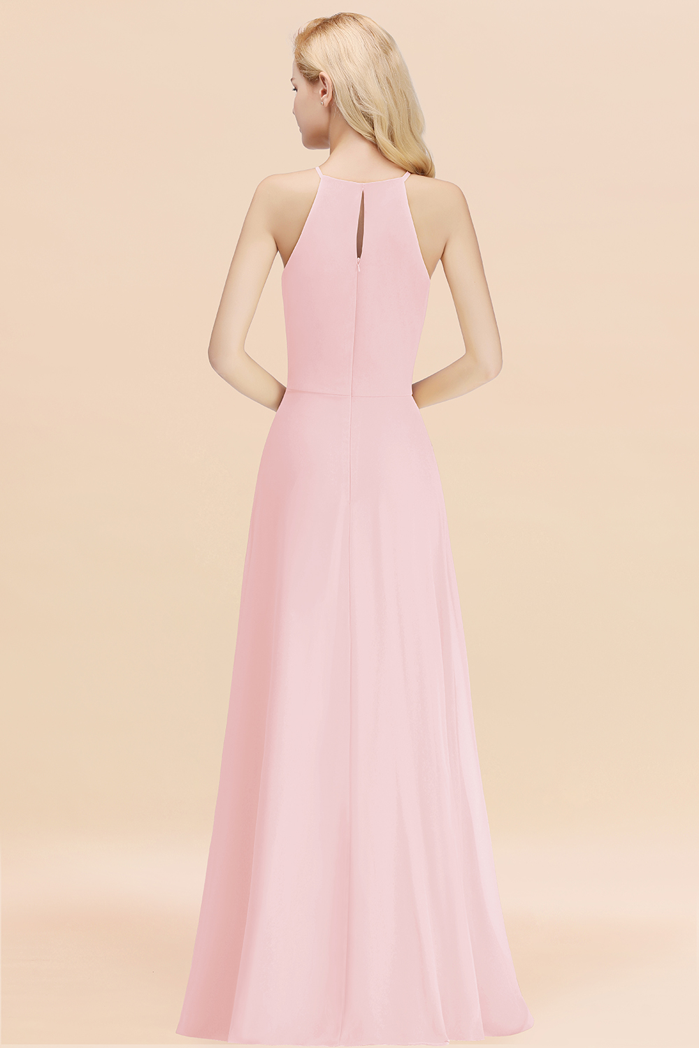 Elegant Long A-line Halter Chiffon Blushing Pink Bridesmaid Dress