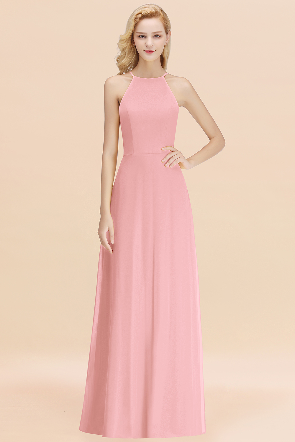 Elegant Long A-line Halter Chiffon Candy Pink Bridesmaid Dress