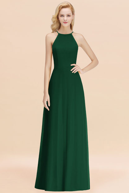 Elegant Long A-line Halter Chiffon Dark Green Bridesmaid Dress