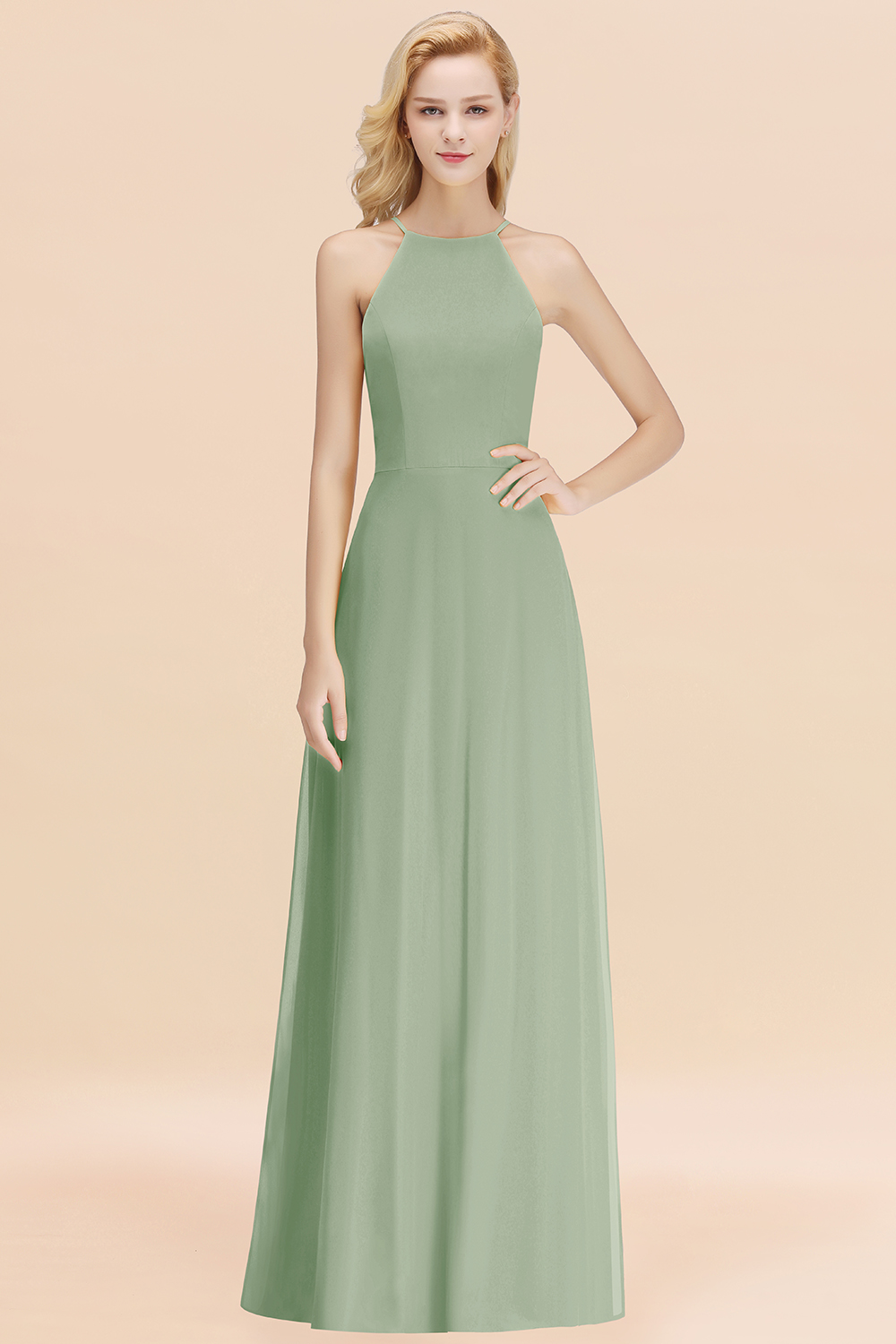 Elegant Long A-line Halter Chiffon Dusty Sage Bridesmaid Dress