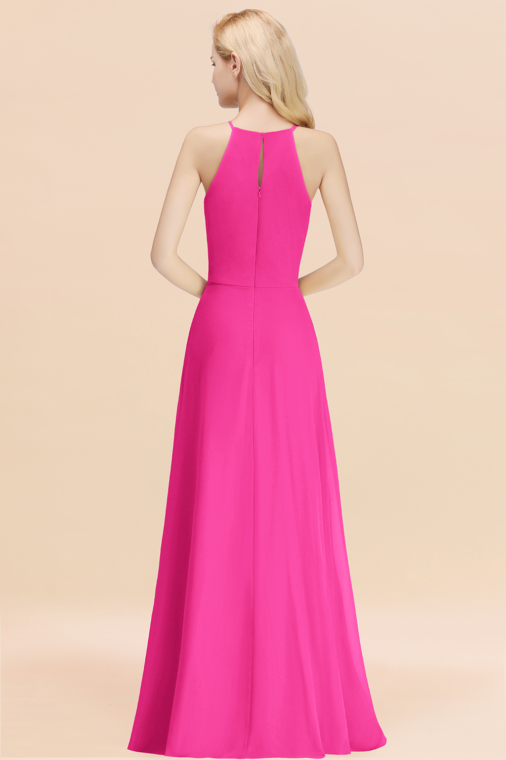Elegant Long A-line Halter Chiffon Fuchsia Bridesmaid Dress