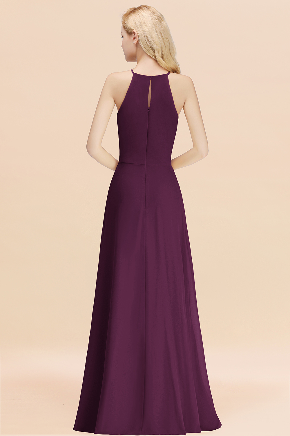 Elegant Long A-line Halter Chiffon Grape Bridesmaid Dress