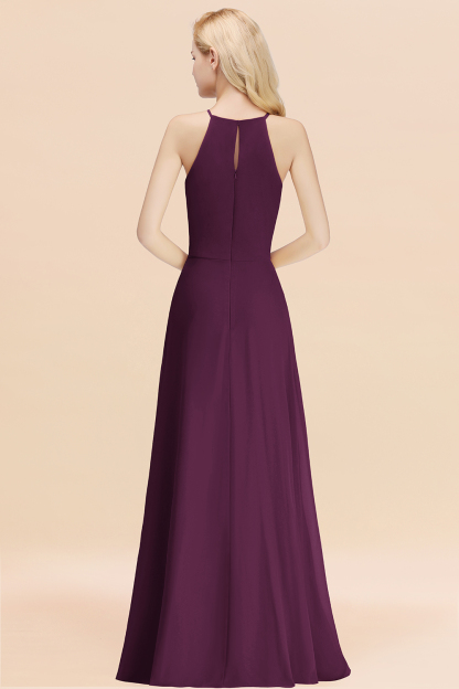 Elegant Long A-line Halter Chiffon Grape Bridesmaid Dress