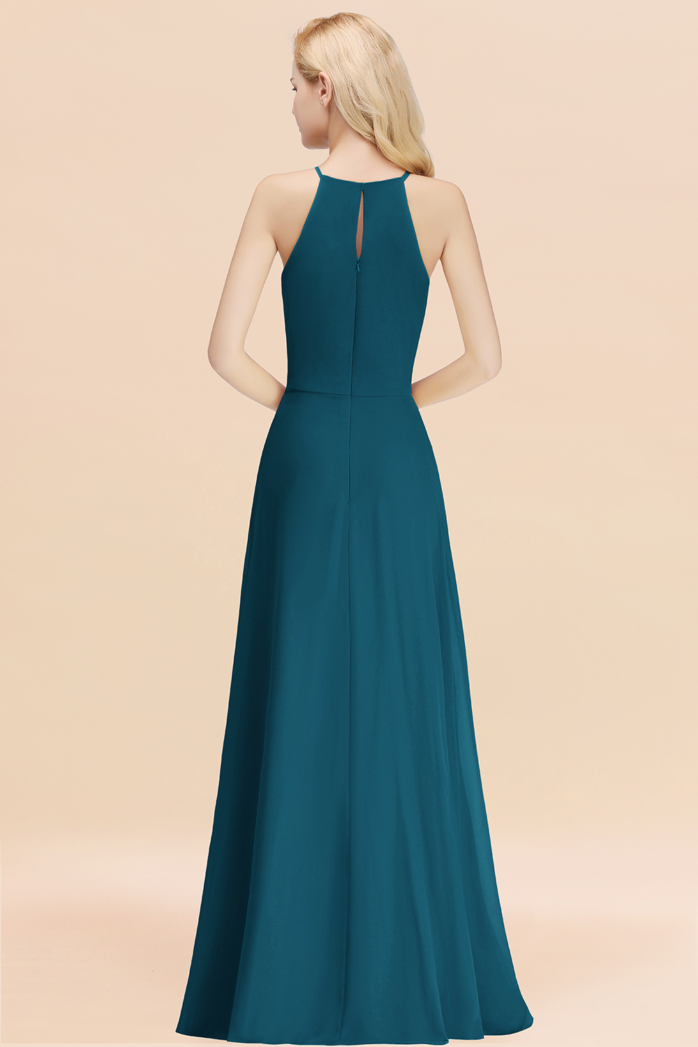 Elegant Long A-line Halter Chiffon Ink Blue Bridesmaid Dress