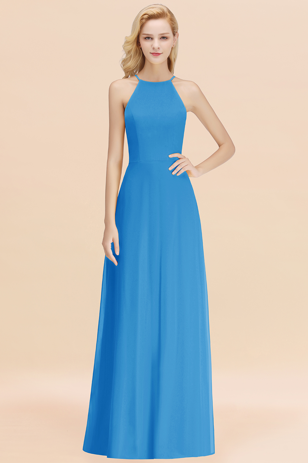 Elegant Long A-line Halter Chiffon Ocean Blue Bridesmaid Dress