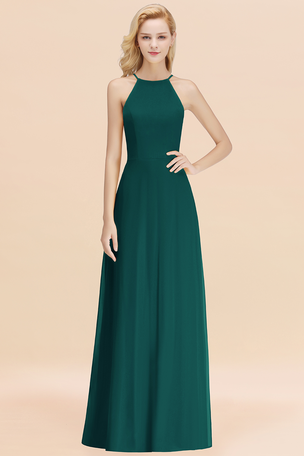 Elegant Long A-line Halter Chiffon Peacock Bridesmaid Dress