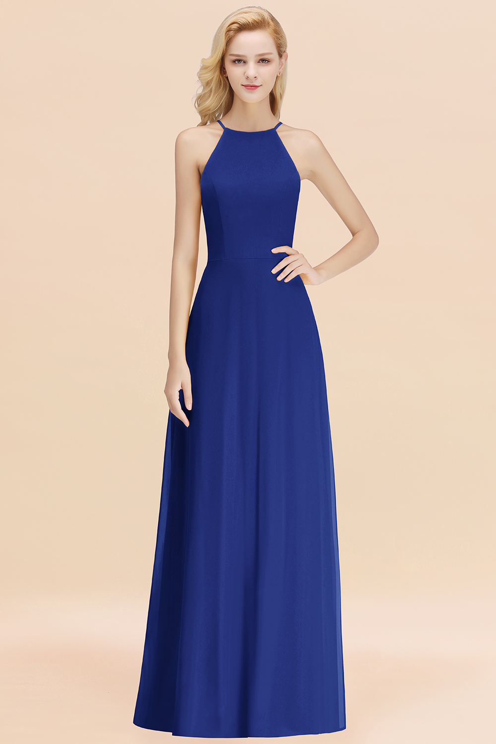 Elegant Long A-line Halter Chiffon Royal Blue Bridesmaid Dress