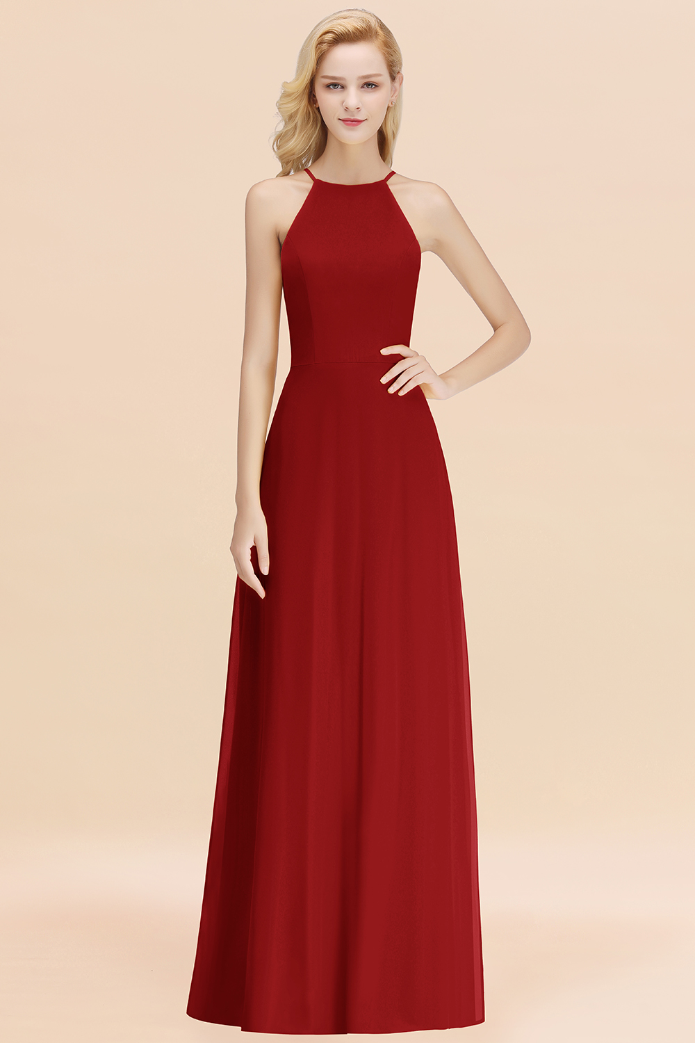 Elegant Long A-line Halter Chiffon Rust Bridesmaid Dress