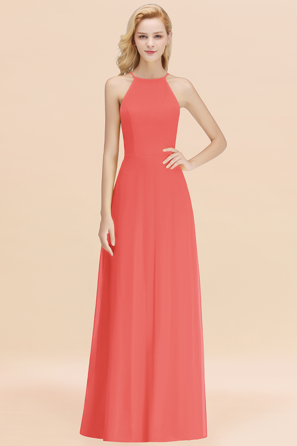 Elegant Long A-line Halter Chiffon Watermelon Bridesmaid Dress