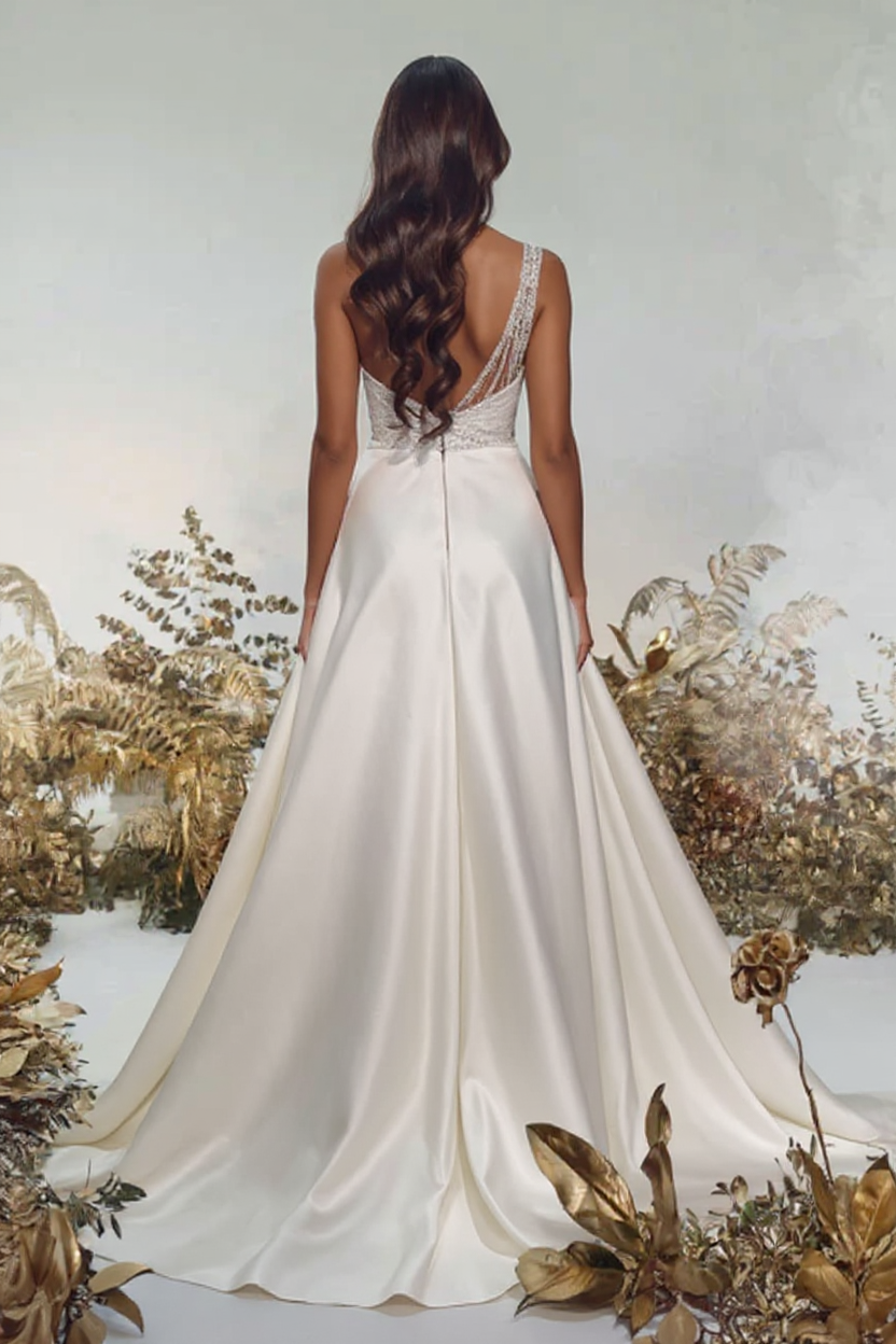 Elegant Long A-line One Shoulder Satin Beading Formal Prom Dresses with Slit